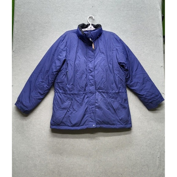 LL Bean Women Jacket LARGE Blue Down Goose Nylon Puffer Logo Long Sleeve - Picture 1 of 8